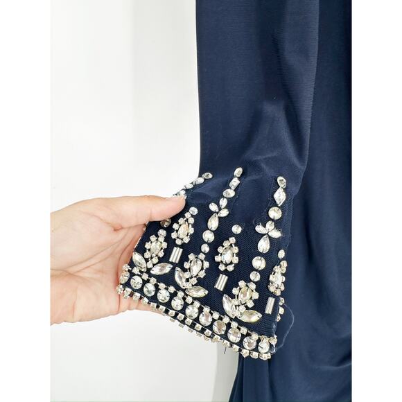 Mac Duggal 12231 Midnight Beaded Cuff Drop Shoulder Faux Wrap Gown 12 NWT - Picture 4 of 7